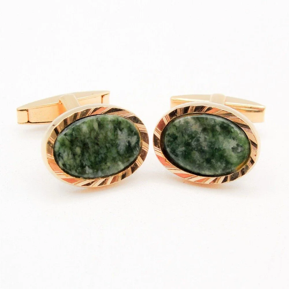 Vintage Gold Tone Jade Cufflinks Oval Green Stone Patented Retro MCM Classic